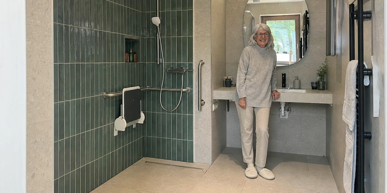 Barrierefreies Bad mit bodengleicher Dusche, Duschsitz und Haltegriffen