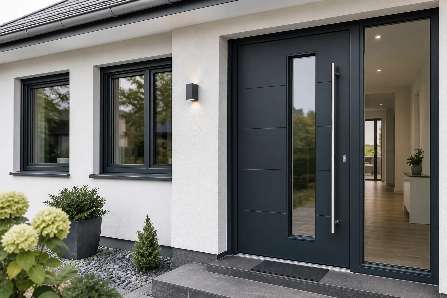 Moderne Haustür mit passenden Fenstern