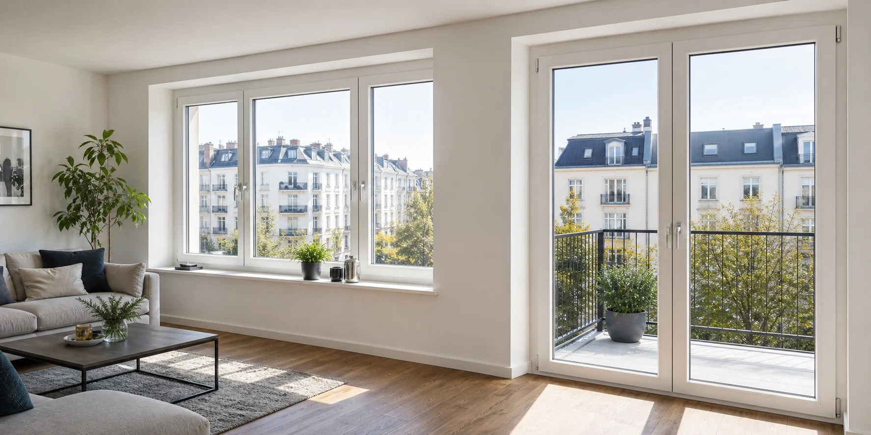 Neue Fenster und Balkontür in einem hellen Wohnraum