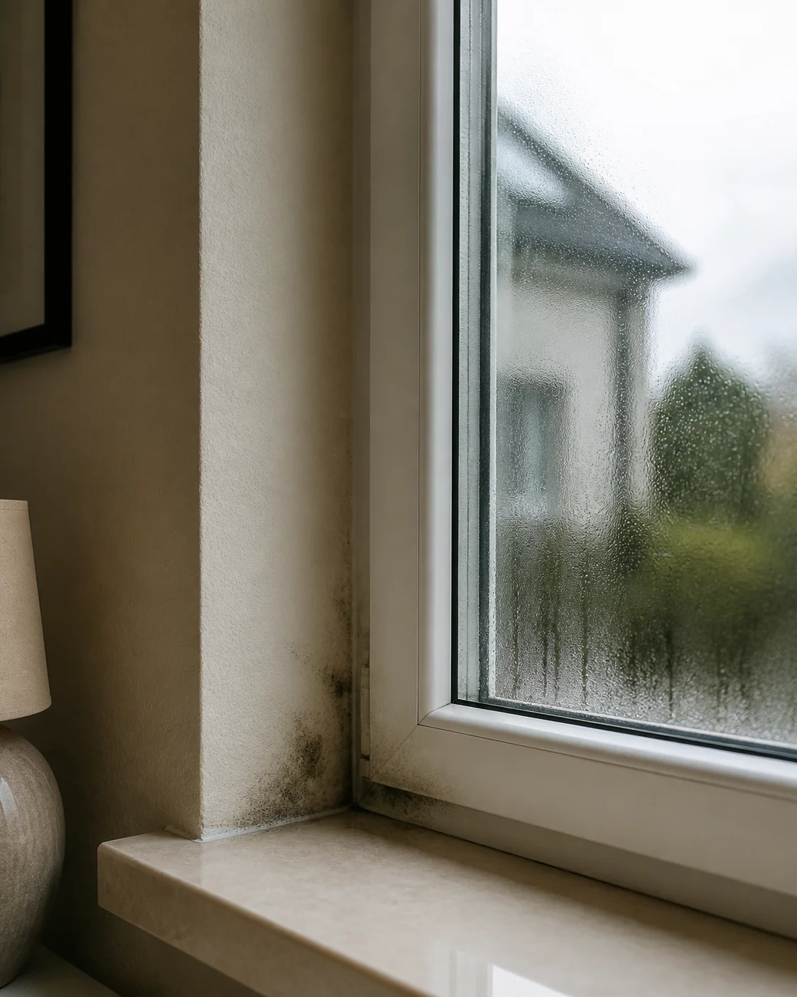 Kondenswasser und beginnende Schimmelbildung an einem Fenster
