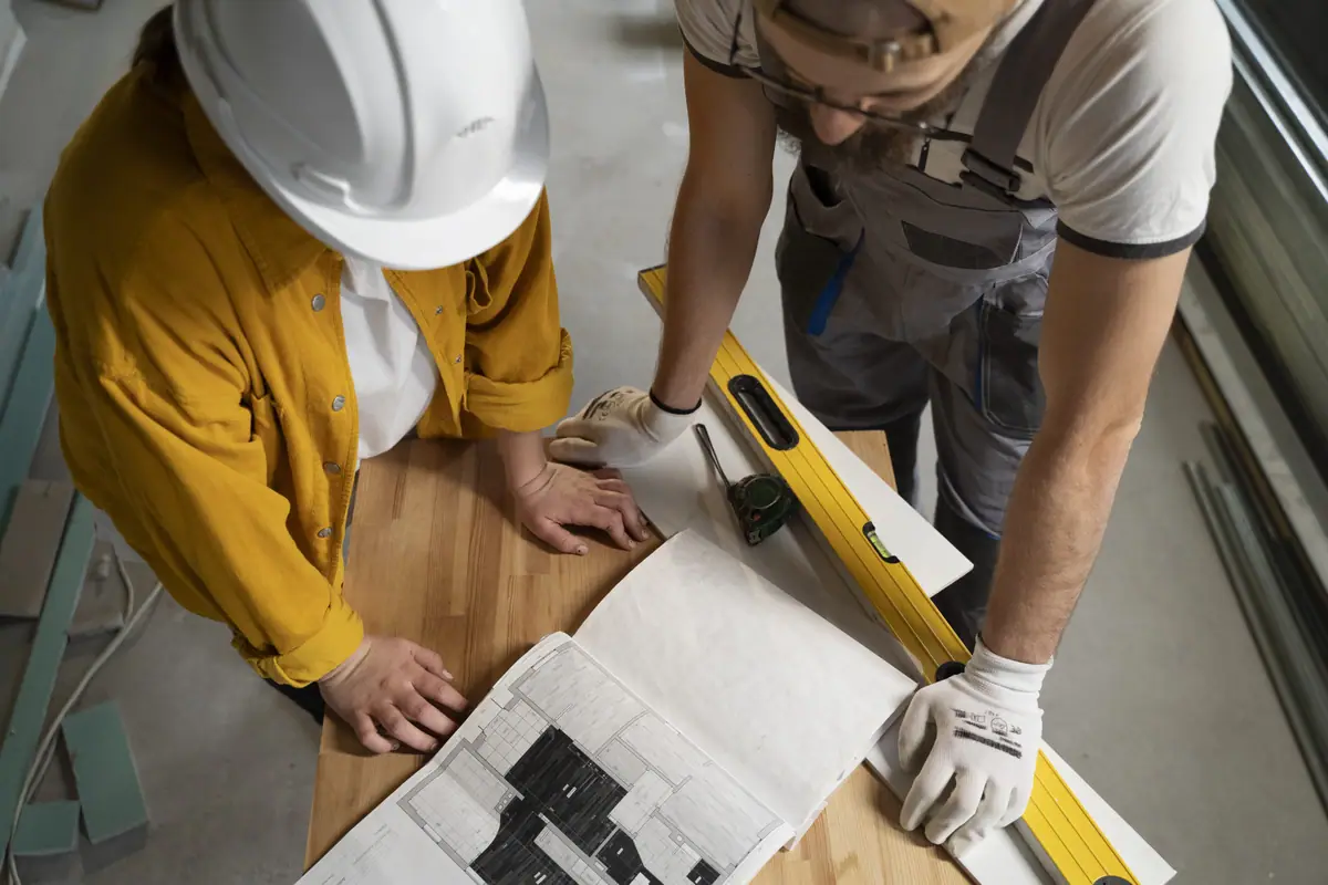 Projektleitung bespricht Baupläne auf der Baustelle